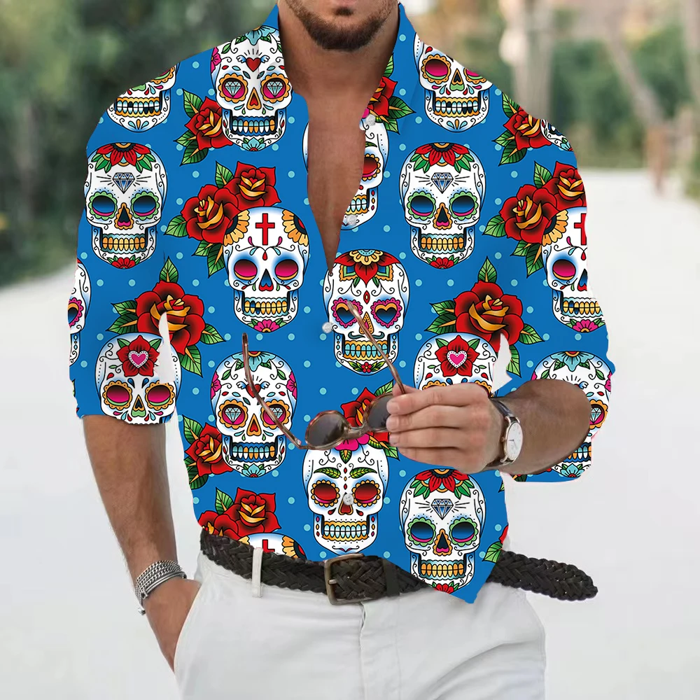 

New Men Long Sleeve Fashion Skull 3D Digital Print Shirt , Men Casual Personality Cardigan Shirt Tops .