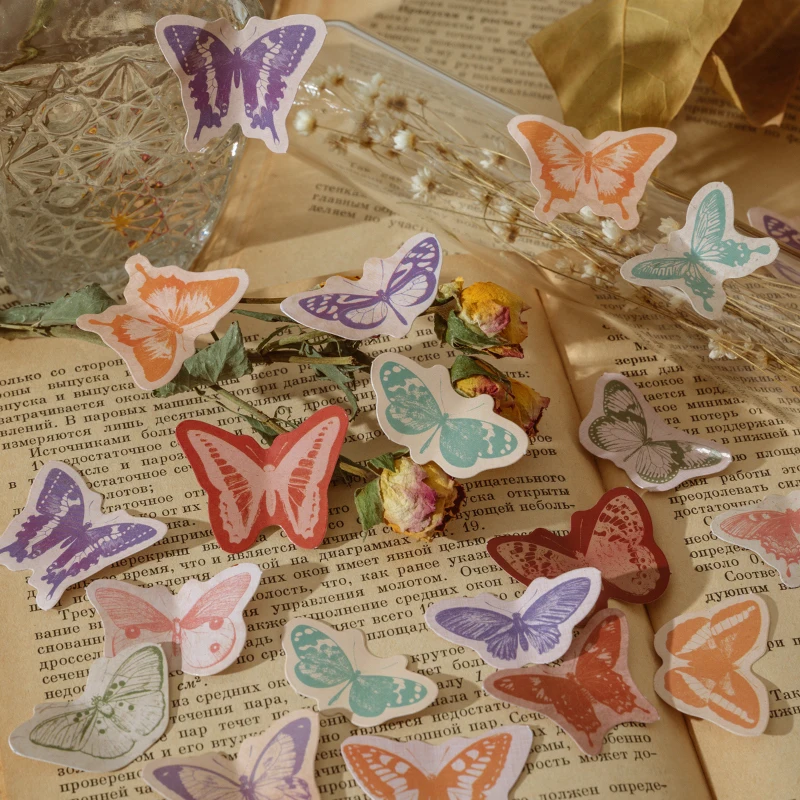 

46PCS Mini Box stickers Butterfly Rubbing Album branch diary Scrapbook decorative flower Scrapbooking Material Handmade 4CM