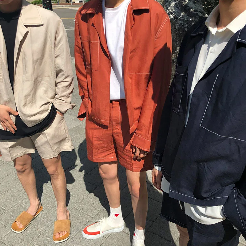 

New solid color long sleeve loose shirt suit men's Korean casual large pocket slim fit autumn casual suit