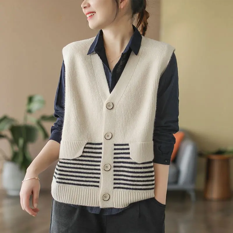 Корейский полосатый вязаный свитер жилет женская одежда однобортный весна-осень