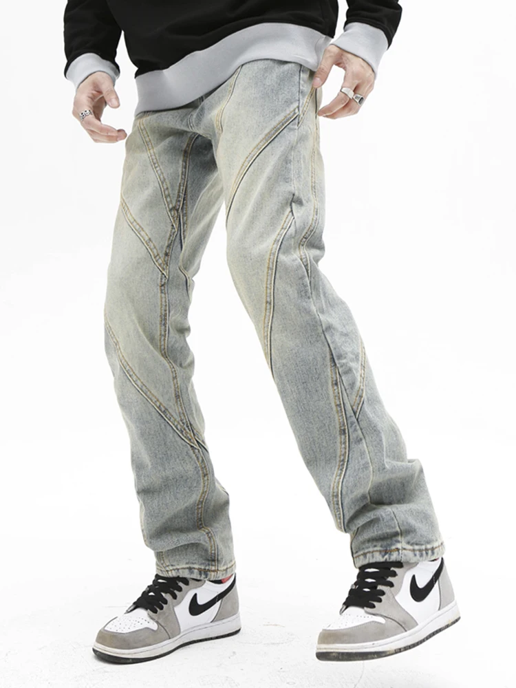 Gaojie American Retro Stitching Jeans Men's Loose Straight Pants Trousers Designer Clothing Hip -hop Jeans Street Clothing Denim