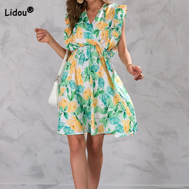 

Fashion Women's Clothing Vacation Street Style Summer V-Neck Floral Printing Sleeveless Mid Waist Loose Lotus Leaf Midi Dresses