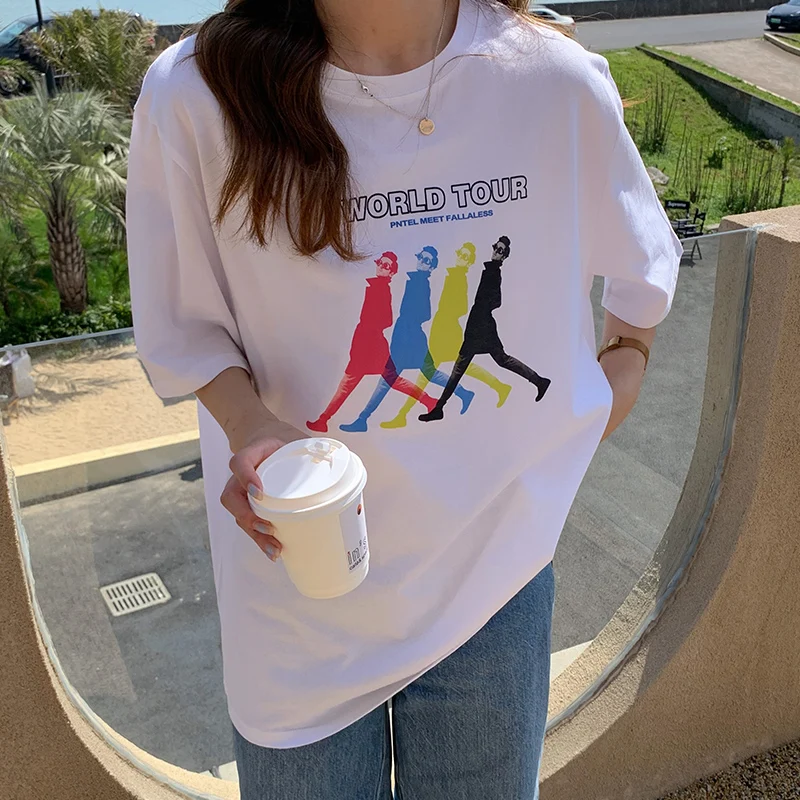 

Summer Short-Sleeved T-Shirt Women Urban Fashion Casual Outerwear Cartoon Letter Printing Round Neck Tops