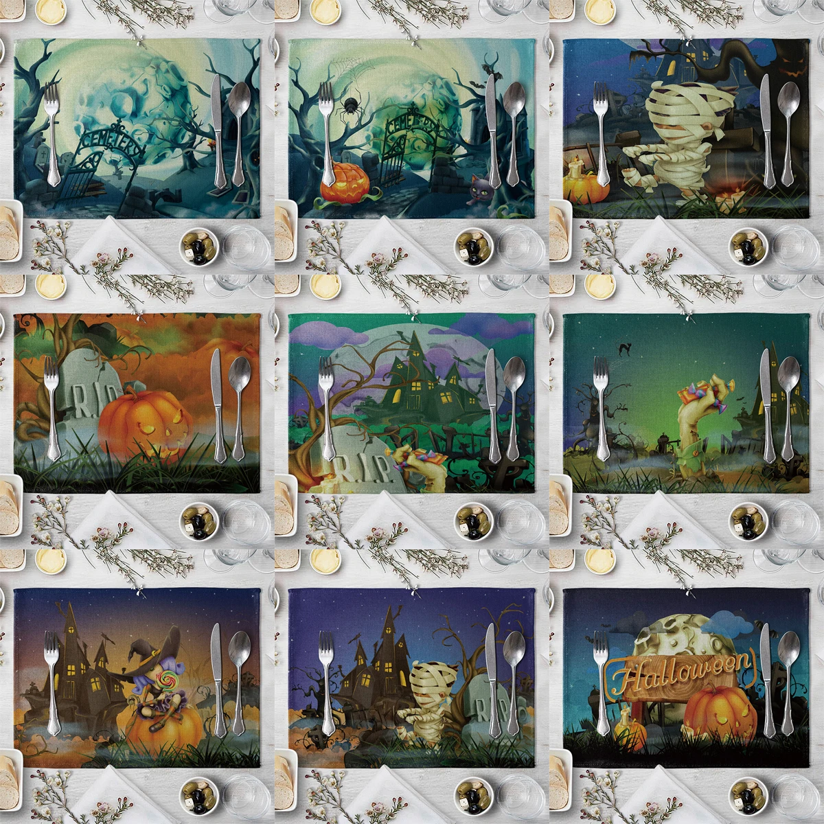 

ZHENHE Мультфильм Хэллоуин полная луна Ночная подстилка хлопчатобумажная льняная ткань настольные коврики семейная столовая посуда