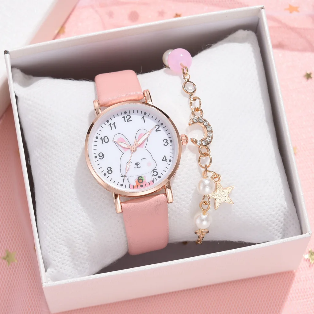 

Fashion Kids Watches Set Students Children Cartoon Rabbit Watch Girls Leather Strap Child Quartz Wristwatch Girl Gift Clocks