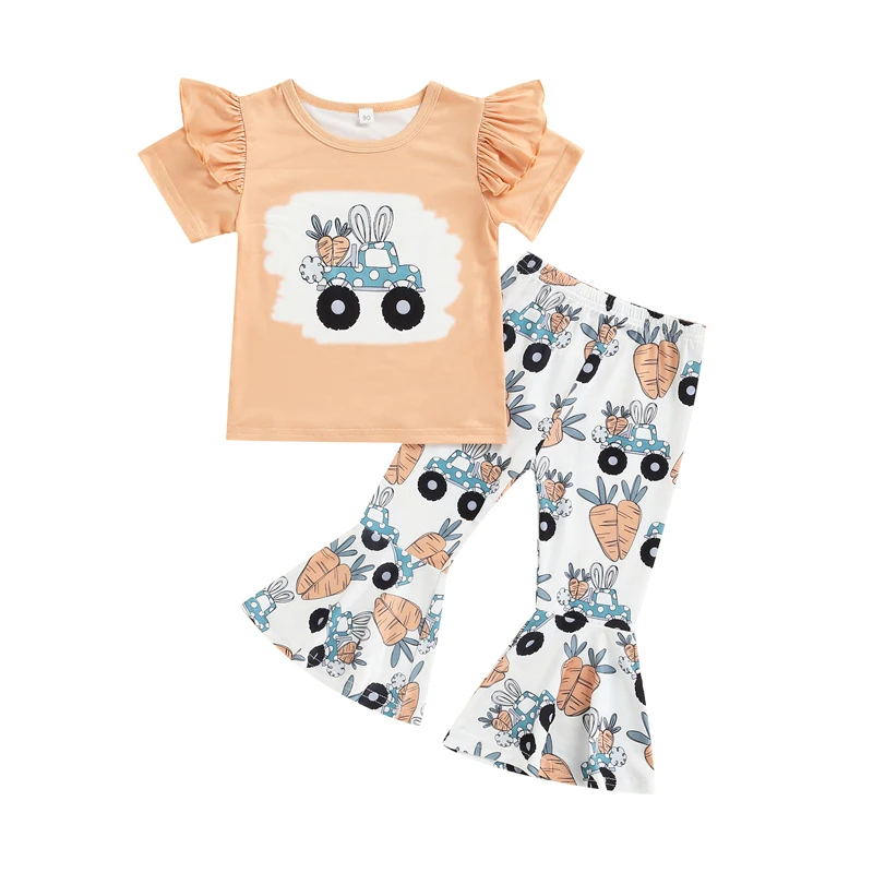 

2 шт., пасхальные наряды для девочек, футболка с короткими рукавами и оборками с принтом моркови и шорты с колокольчиками для детей