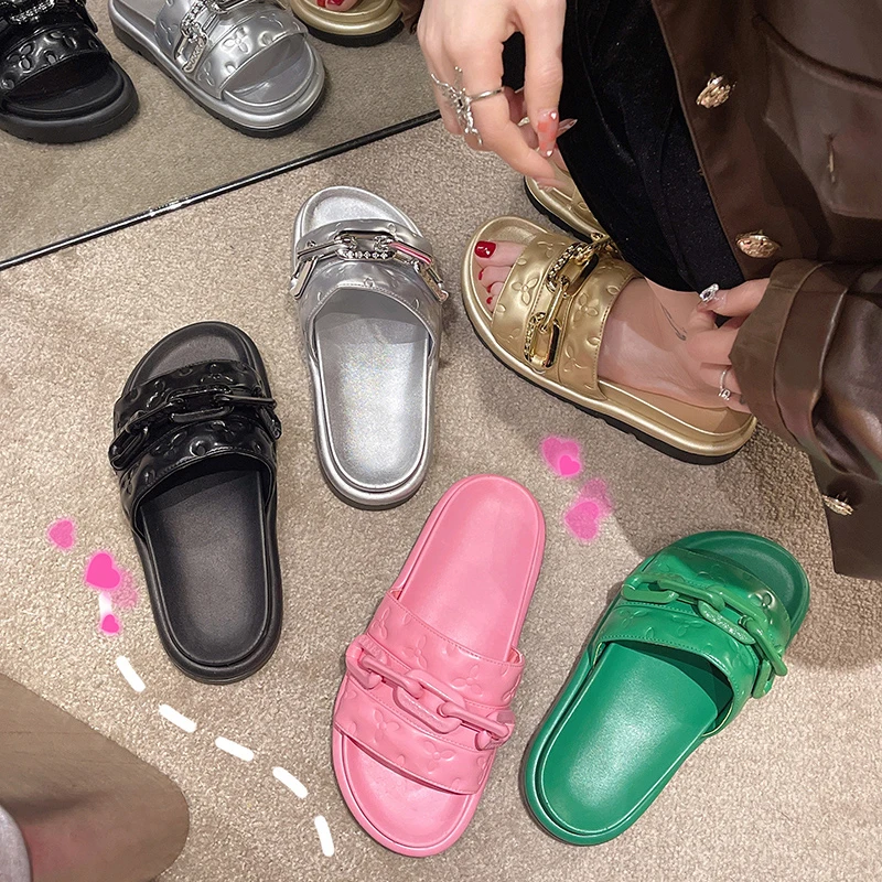 Luxury Women's Slippers Outdoors Fashion Beach Summer Sandals Hook & Loop Rubber Bottom Relief Print Ladies Shoes 2023