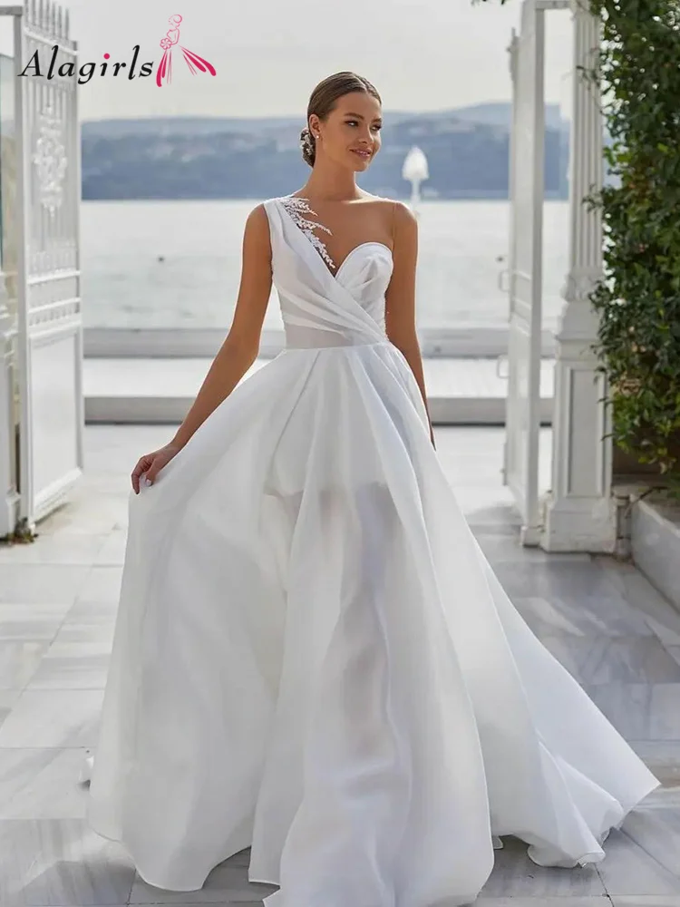 

Alagirls Boho Wedding Dresses A Line Lace Illusion Bridal Dress 2022 One Shoulder Wedding Gown for Bride Vestido de novia