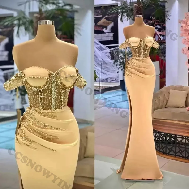 

Mermaid Satin Appliques Beaded Prom Dress Off Shoulder High Slit Dresses Evening Women Formal Party Gowns Robe De Soiree