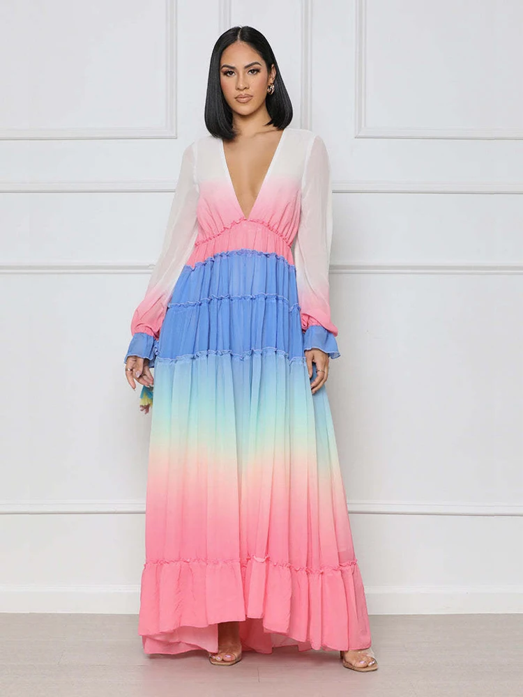 

Женское плиссированное платье-трапеция, винтажное Праздничное Платье макси с V-образным вырезом и длинным рукавом, градиентное платье Вече...