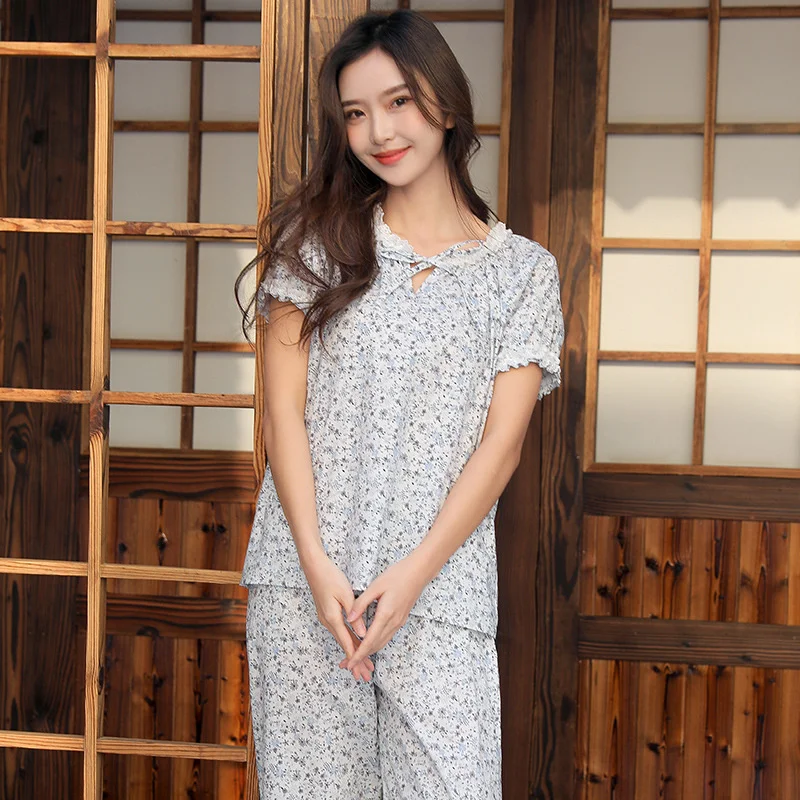 Summer New Pajamas Cotton Women's Summer Suit Sweet Broken Flower Double layer Yarn Pajama Set Short Sleeve Suit Sleepwear