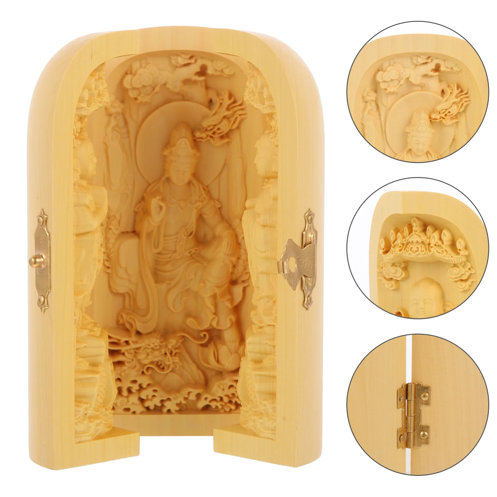 

Statues Wooden Box Guanyin Figurines Statue Carving Sculpture Open Boxwood Buddism Godness Ornament Wood Crafts Figurine