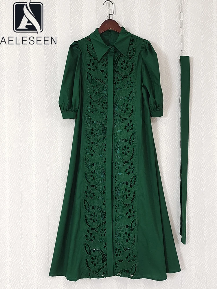 Женское длинное платье с отложным воротником AELESEEN темно-зеленое однобортное