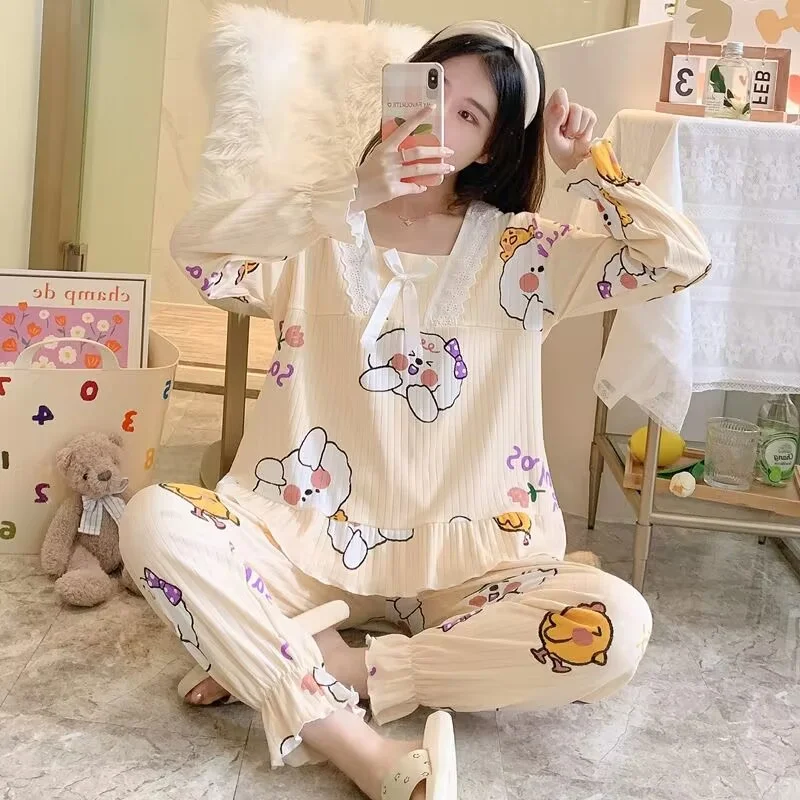 Spring Pajamas Set Full Sleeve T-shirt Long Pants 2Piece/Set Casual Lace Pyjama Big Size Mom Homewear Cozy Plus Sleepwear