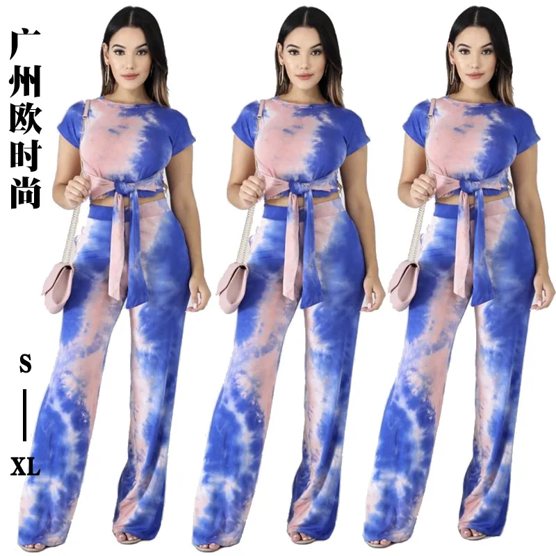 

Женский летний комплект из двух предметов, футболка с принтом на шнурке и прямые длинные брюки, 2022