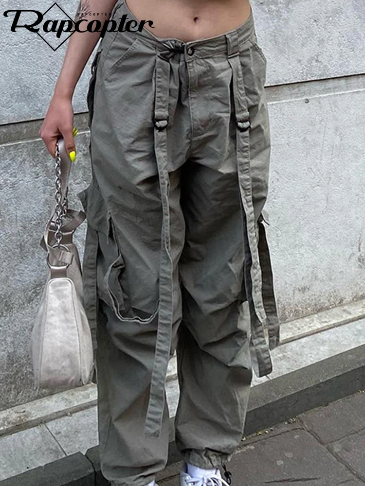 

Джинсы Rapcopter Y2K женские с завязками, модные брюки-карго из денима на молнии, на пуговицах, повседневные штаны с заниженной талией в стиле Хара...