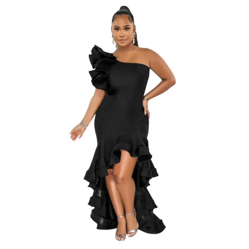 

Sexy Ruffled Fishtail Evening Dress New Chic African Dresses For Women Black Sloping Shoulder Maxi Dresses Stretch Ankara Robes