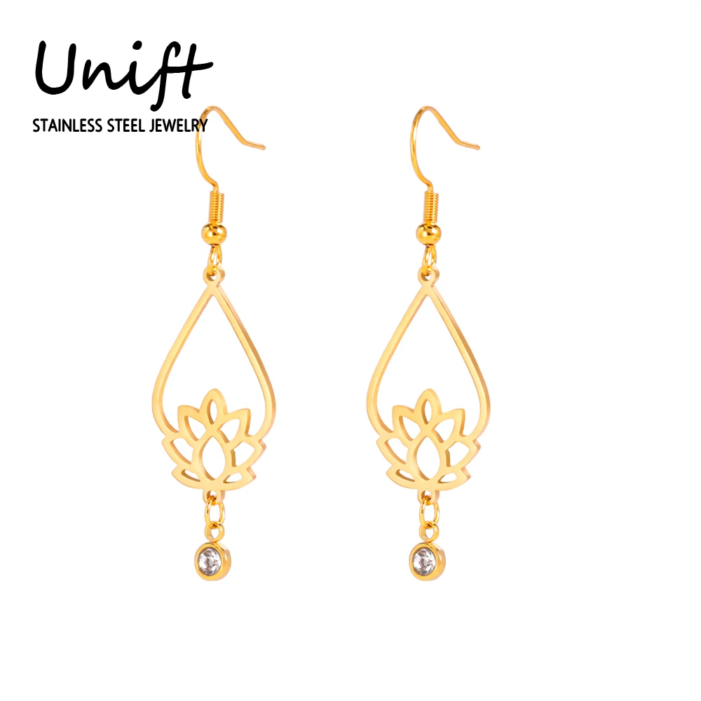 Unift Женские серьги-подвески в форме цветка лотоса с цирконом из нержавеющей стали