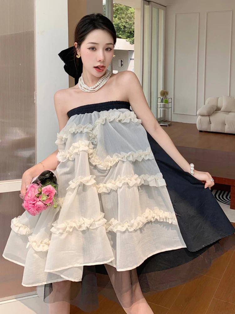 

Design Mesh Perspective Chic Evening Princess Dress Women Strapless Backless Mini Femme Ball Gown Club Y2K High Street Sundress