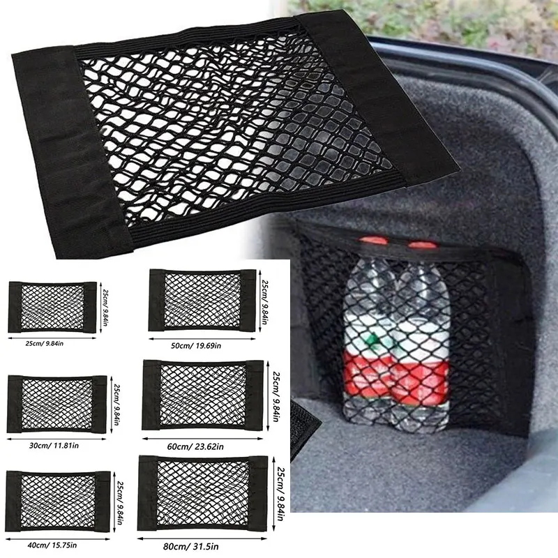 

Back Rear Trunk Car Storage Net Seat Elastic String Net Magic Sticker Mesh Storage Bag Auto Organizer Seat Back Bag Accessories