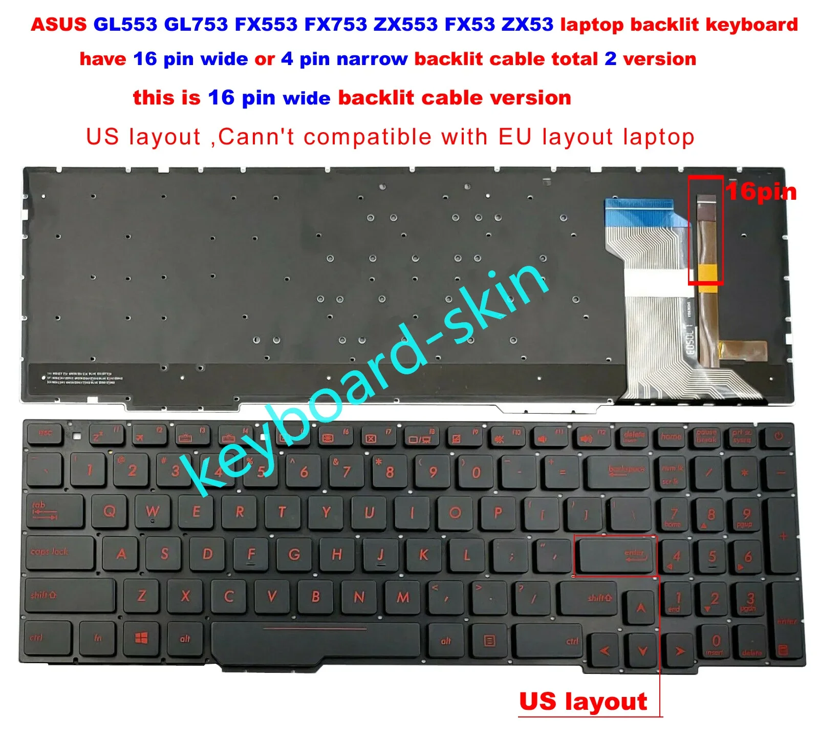 New US backlit keyboard without-frame for Asus FX553VD FX53VD FX53 FX53VE FZ53V ZX53VD ZX73VD GL553 GL553V GL753V laptop