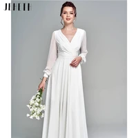 simple long sleeve chiffon wedding dress 2022 beach v neck side slit floor length sashes for bride robe de mariee zipper