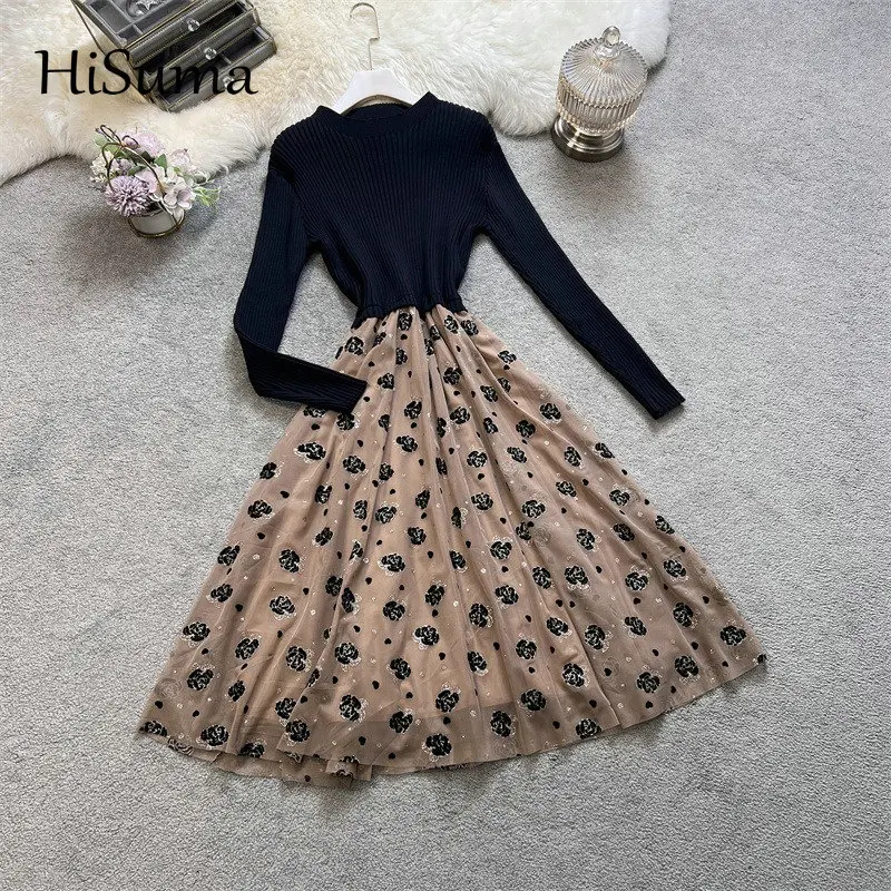 

2023 winter new women's o-neck long sleeve knitted with mesh A-line dress female Chic flower print knit party sweater dresses