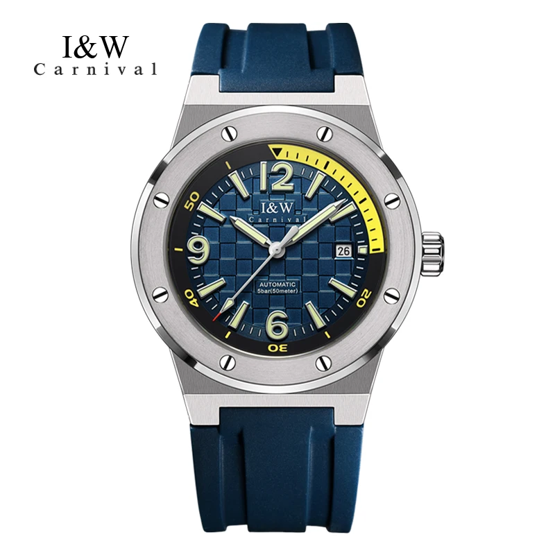 Часы наручные мужские механические с резиновым ремешком и сапфировым стеклом 50 м