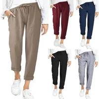 Europe and America 2022 Spring and Autumn style ladies casual solid color elastic waist side pocket cotton and linen pants