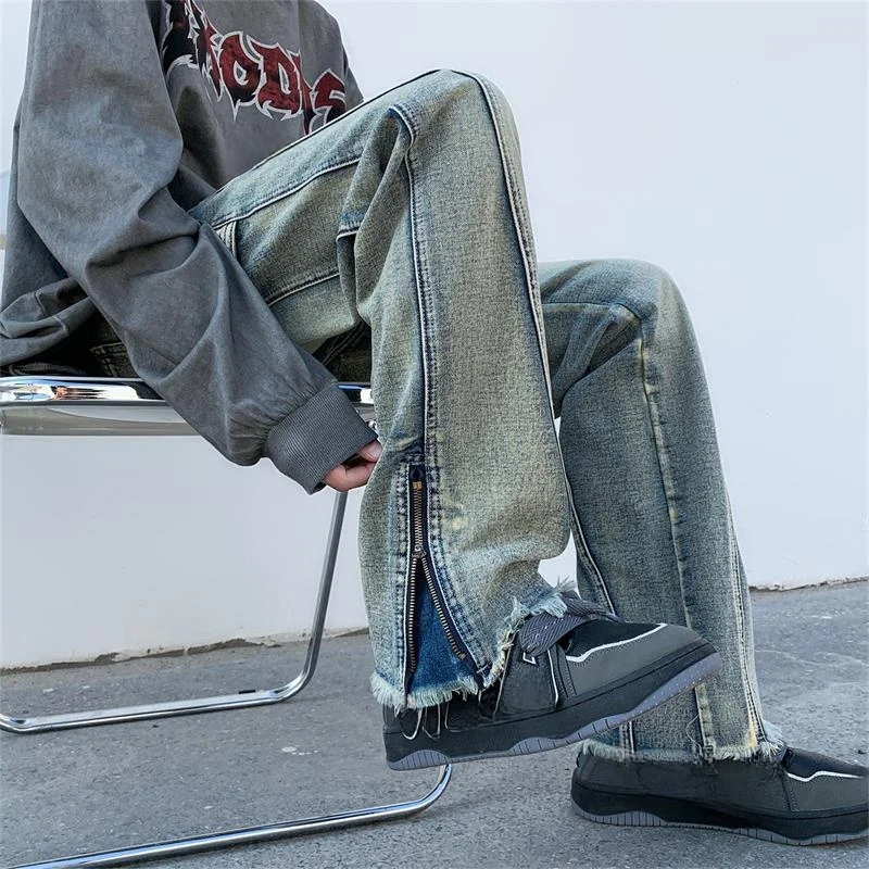 European and American High Street Hiphop Pants Washed Distressed Weila Jeans Men's Design Sense Vibe Couple Wide Leg