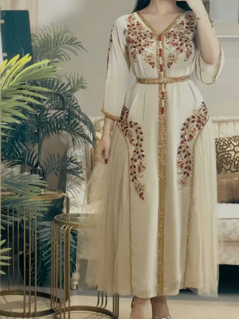 India Turkey Muslim Abaya Long Dresses Women Wedding Evening Party Dress Elegant Floral Embroidery Lace Belted Kaftan Ramadan