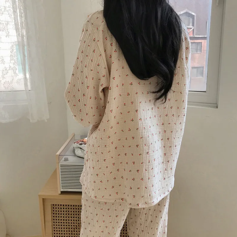 Cotton Linen Sleepwear Set Sweet Cute Cherry Print Pajamas Vintage Kawaii Notched Pocket Home Suit Shirt+Trousers Button S890