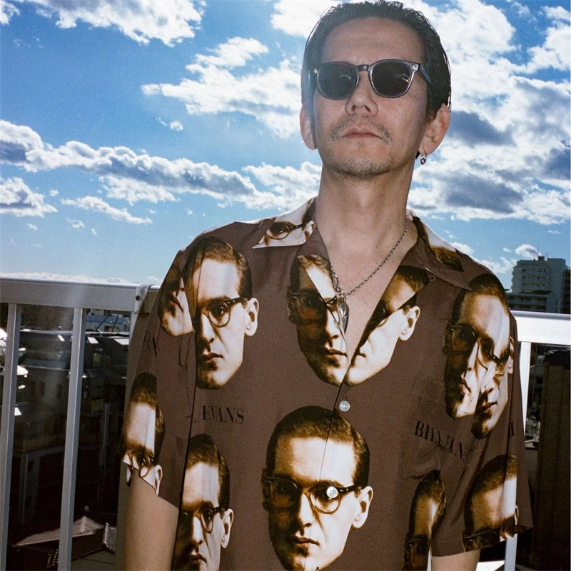 Streetwear WACKO MARIA Shirt Men Women Full With Glasses A Man Portrait Print Hawaii Shirts Tees Top