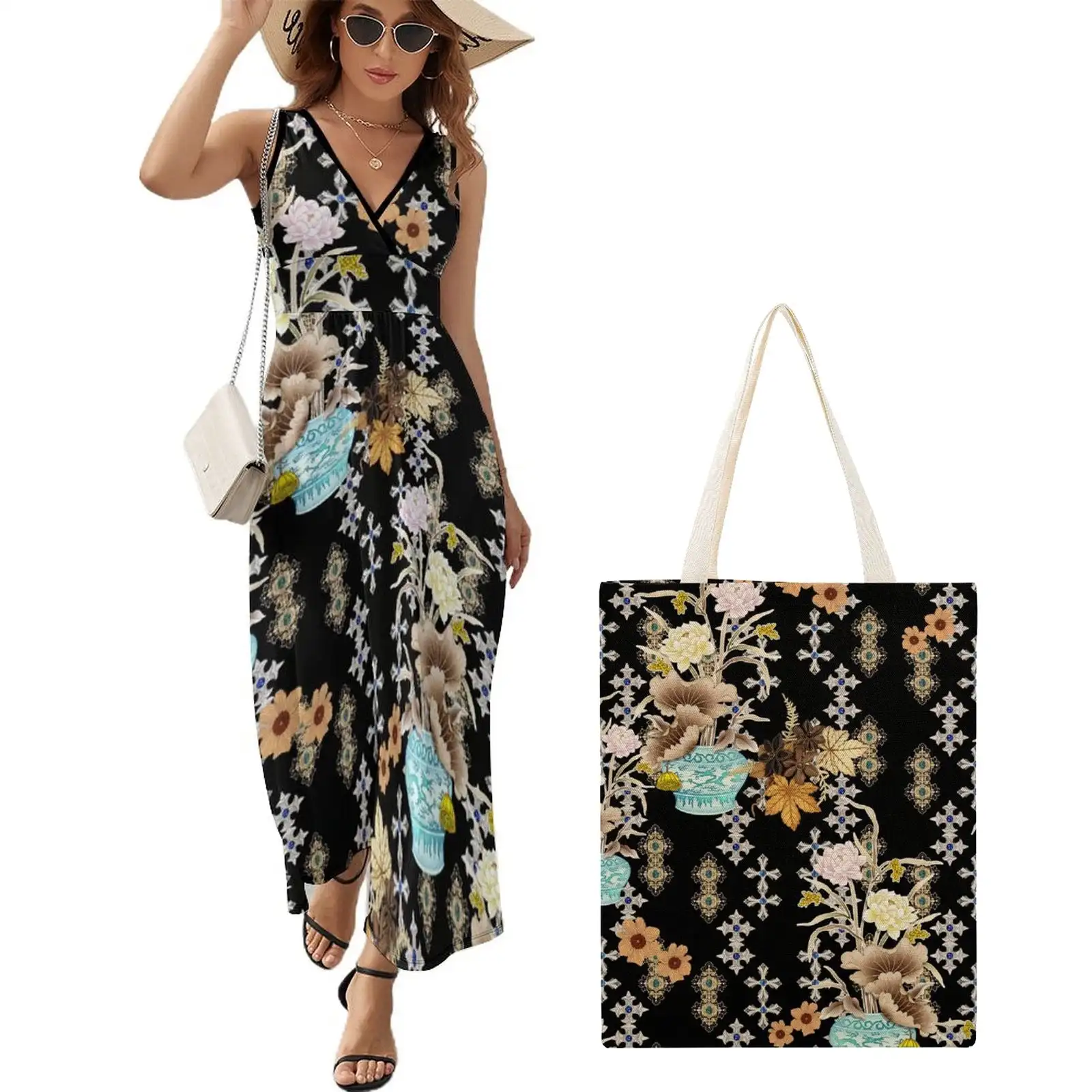 

Женское длинное платье макси без рукавов с V-образным вырезом