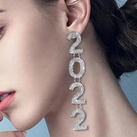 shiny rhinestone custom new year number 2022 pendant drop earrings jewelry for women luxury crystal big long dangle earrings