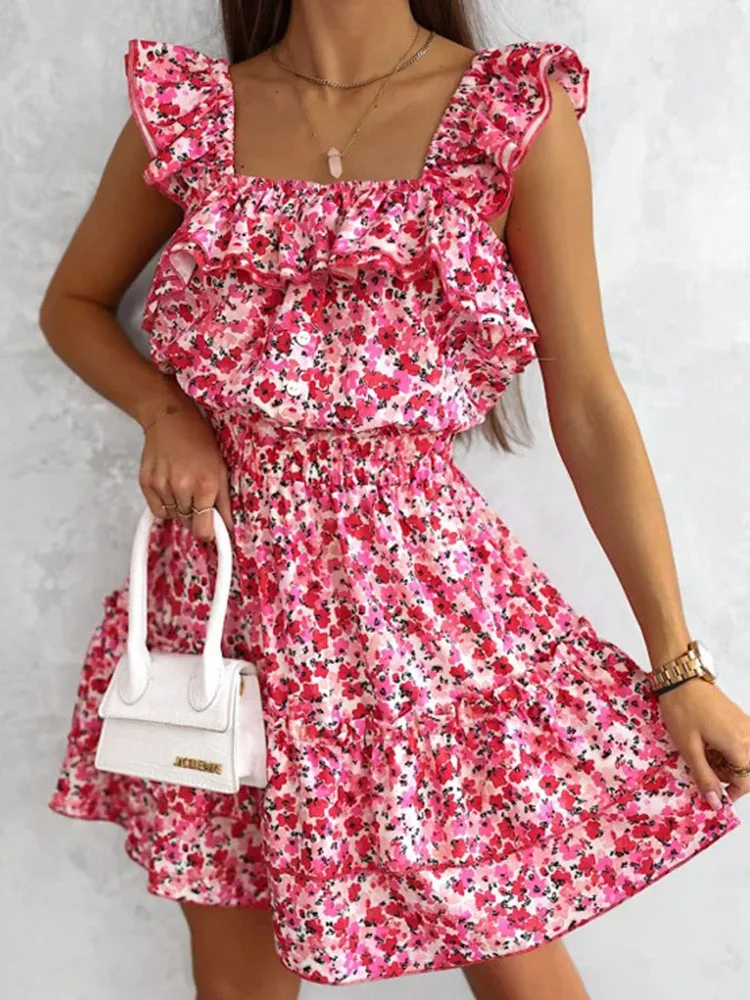 

Floral Print Sleeveless Summer Dress Women Slim Ruffles Mini Dress 2022 High Waist Pleated Streetwear Ladies Dress A Line Dress