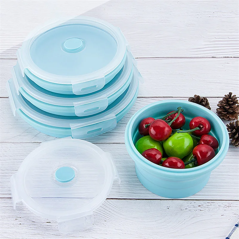 

4 PCS Round Silicone Folding Lunch Box Set Microwave Portable Food Container Bowl Salad Snack With Lid