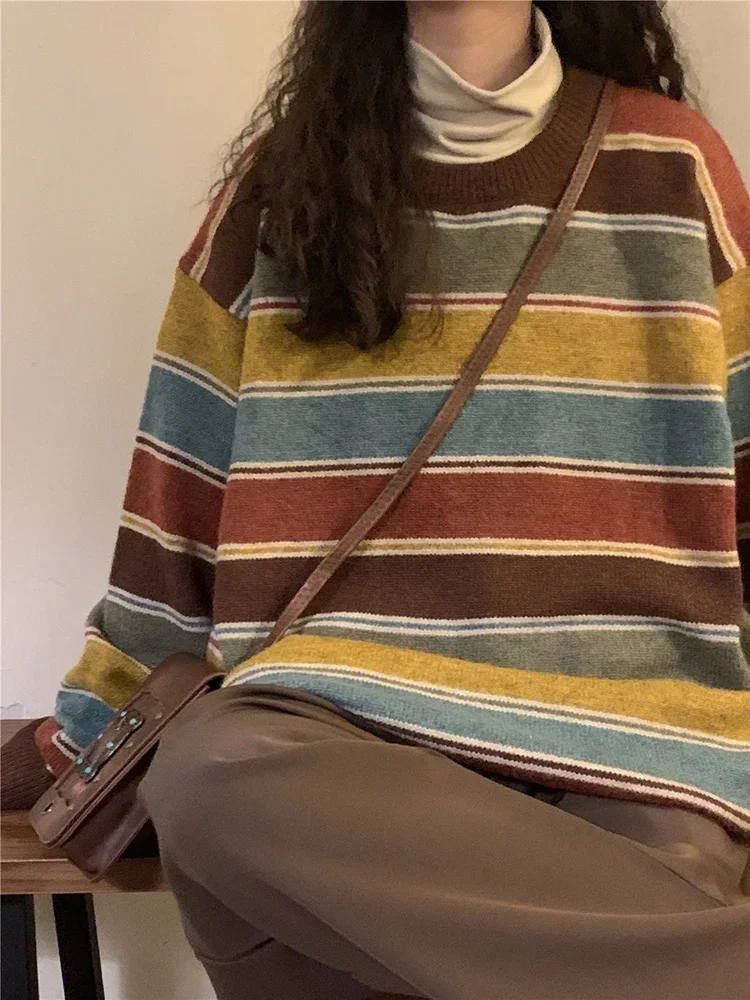Японский Полосатый Свитер В Стиле Ретро Большой Размер Вязаный Пуловер