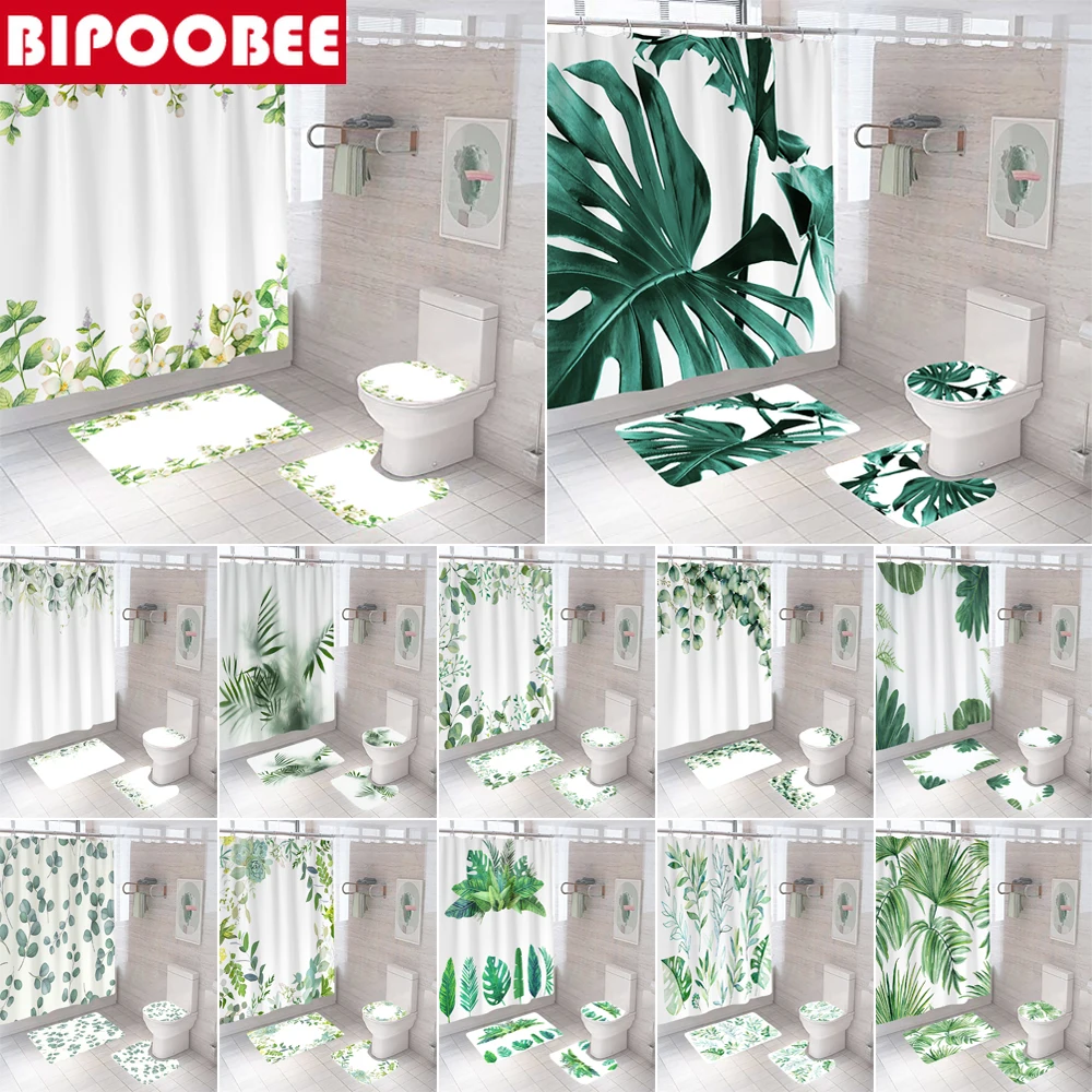 

180*180cm Shower Curtain Green Leaves Tropical Plant Bathroom Curtains Non-slip Carpet Toilet Lid Cover Bath Mats Home Decor