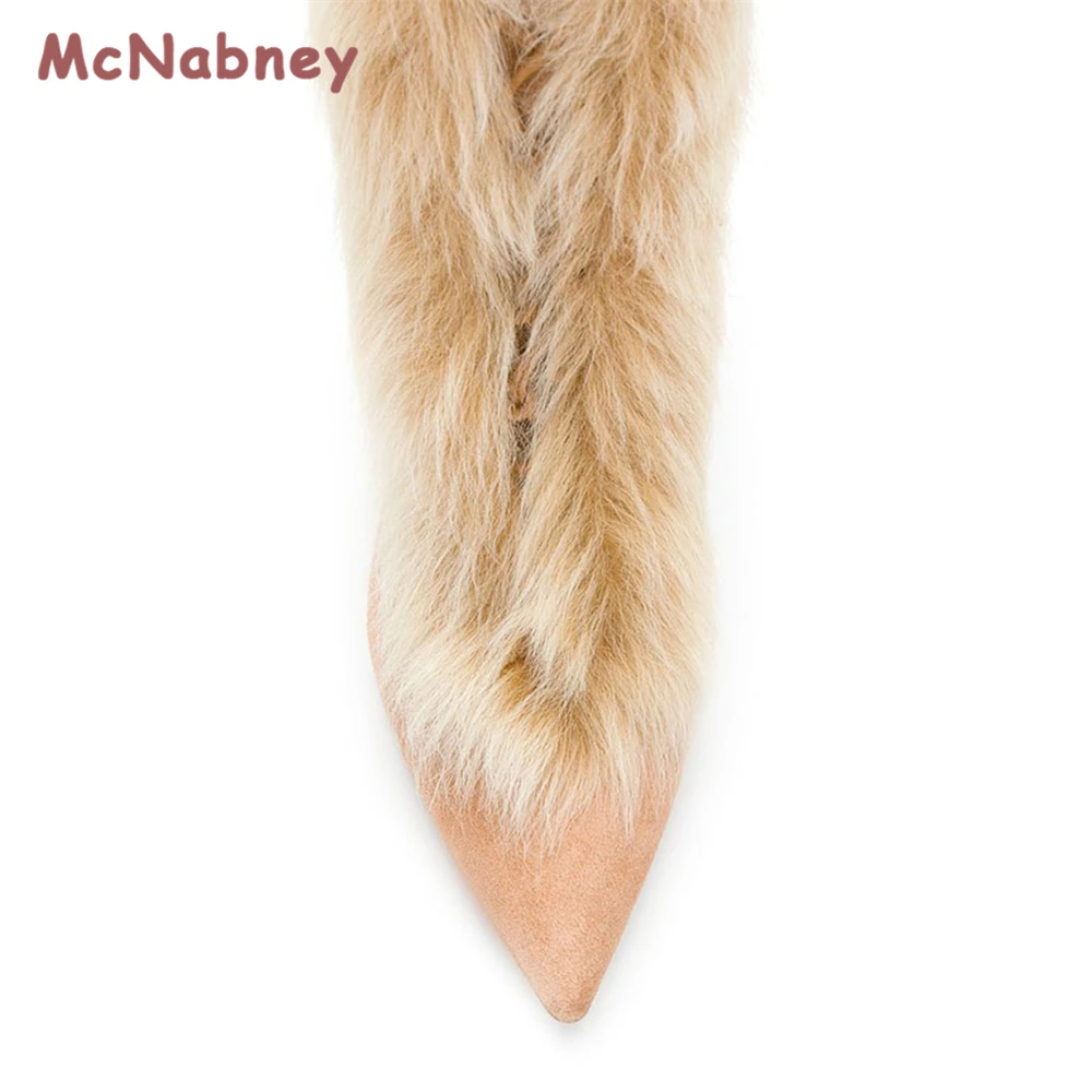 Women's Winter Fluffy Rabbit Fur Boots Woman Plush Warm Snow Boots Luxury Pointed Toe Knee High Boots Fashion Winter Shoes