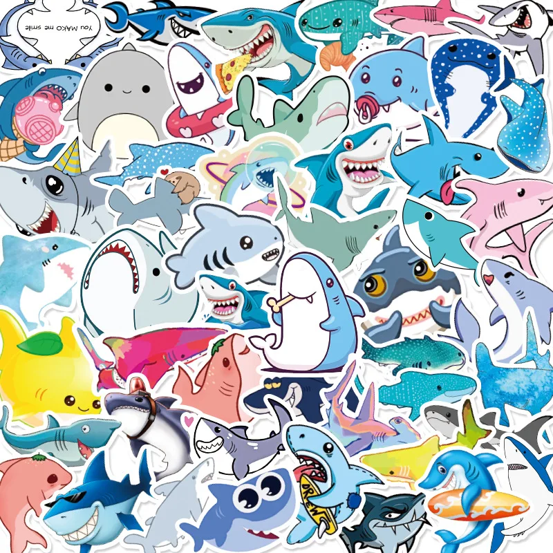 

50PCS Cartoon Shark Funny Waterproof Stickers for Kid Toy Marine Life Decals for Refrigerator Skateboard Car Stationery Stickers