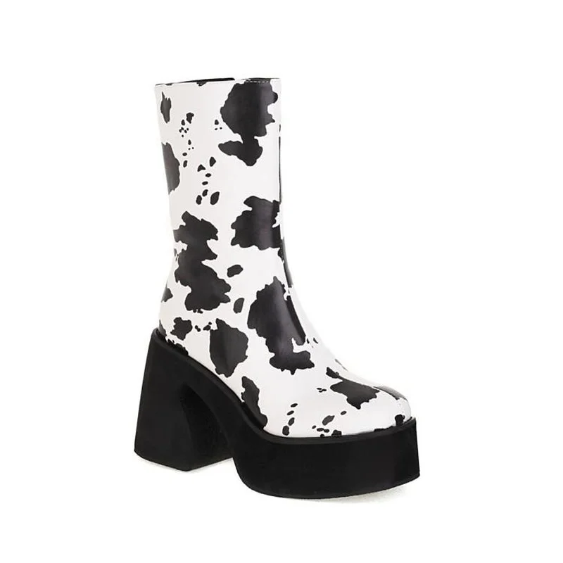 

New Cow/zebra Print Martin Boots Women's Thick-soled British Windmill Boots High-heeled Boots Waterproof Platform Women's Boots
