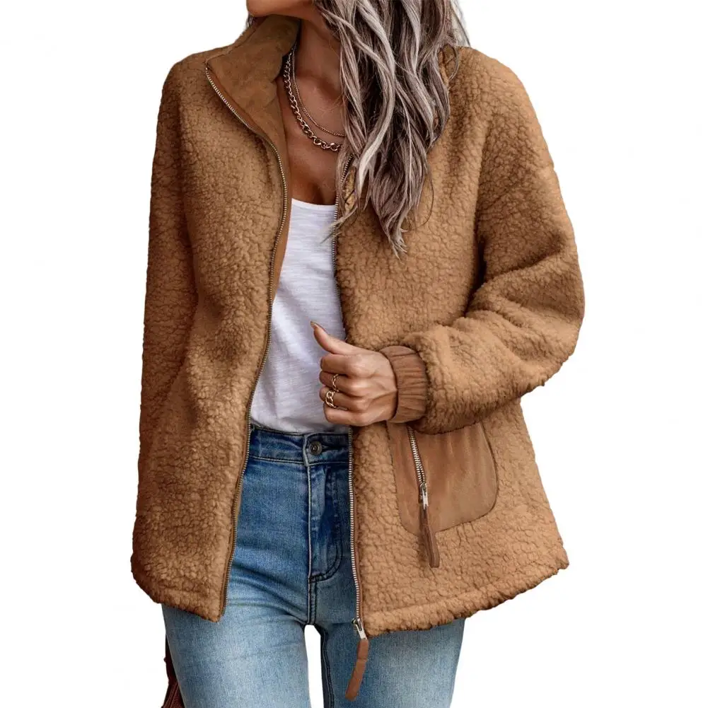 

Women Coat Autumn Winter 2022 Long Sleeve All Match Loose Patchwork Color with Zipper Soft Lady Casual Jacket Women