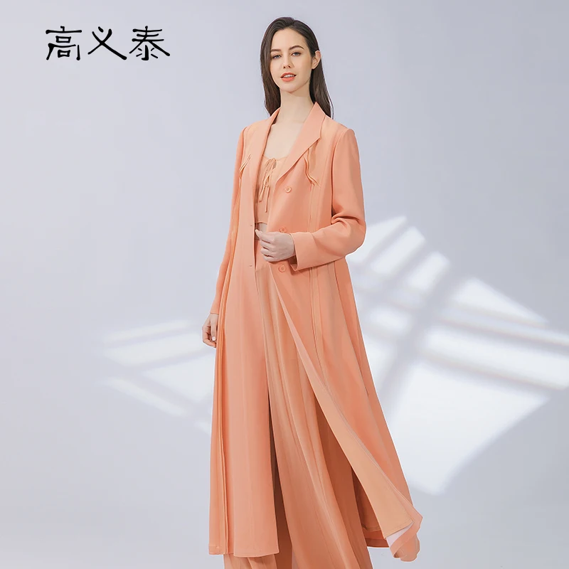 

High End 60m/m Heavy Thick Silk Suit Collar Long Sleeve Single Breasted Side Pockets Straps Autumn Winter Long Trench Coat FY061