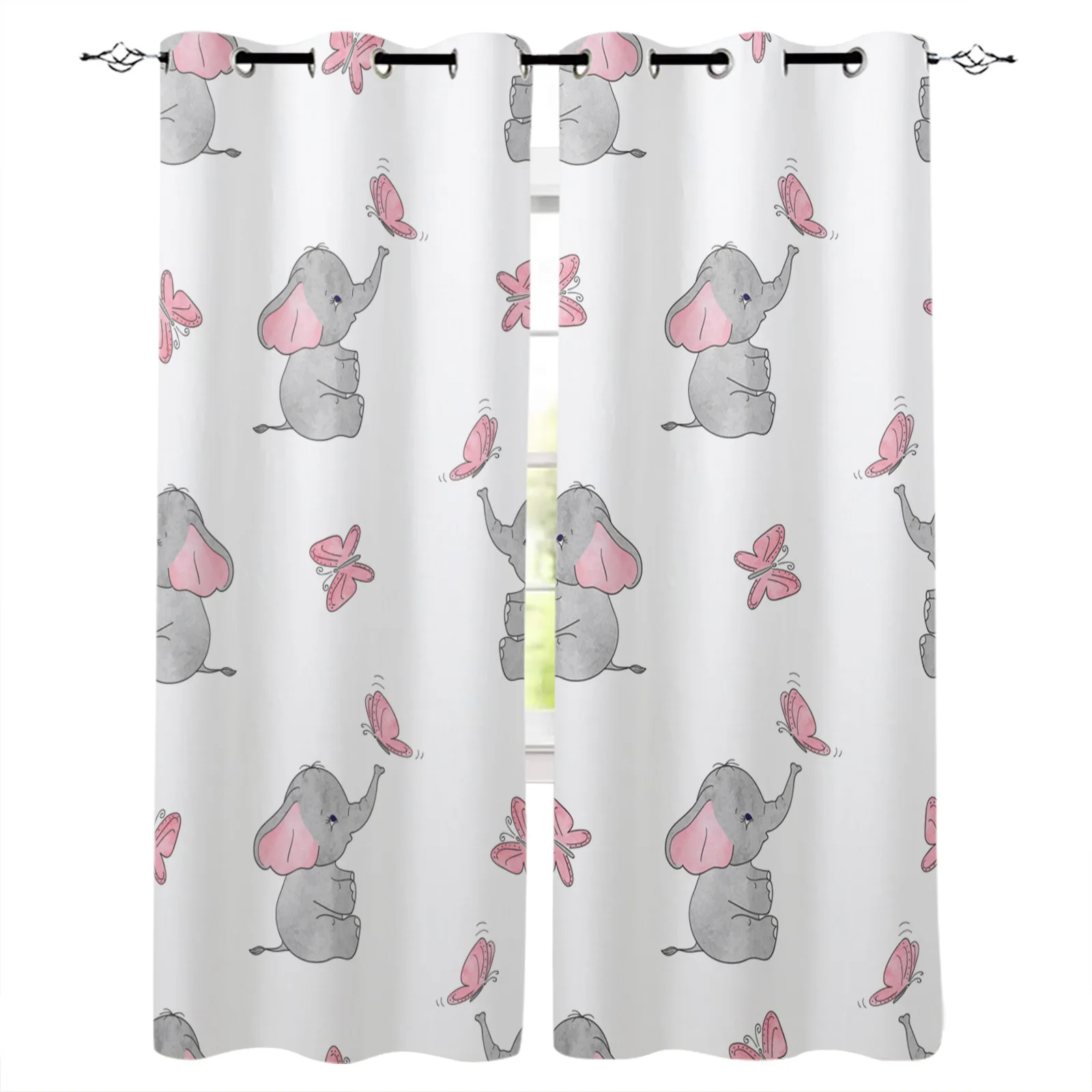 

Butterfly Cartoon Africa Elephant White Blackout Curtains Window Curtains For Bedroom Living Room Decor Window Treatments