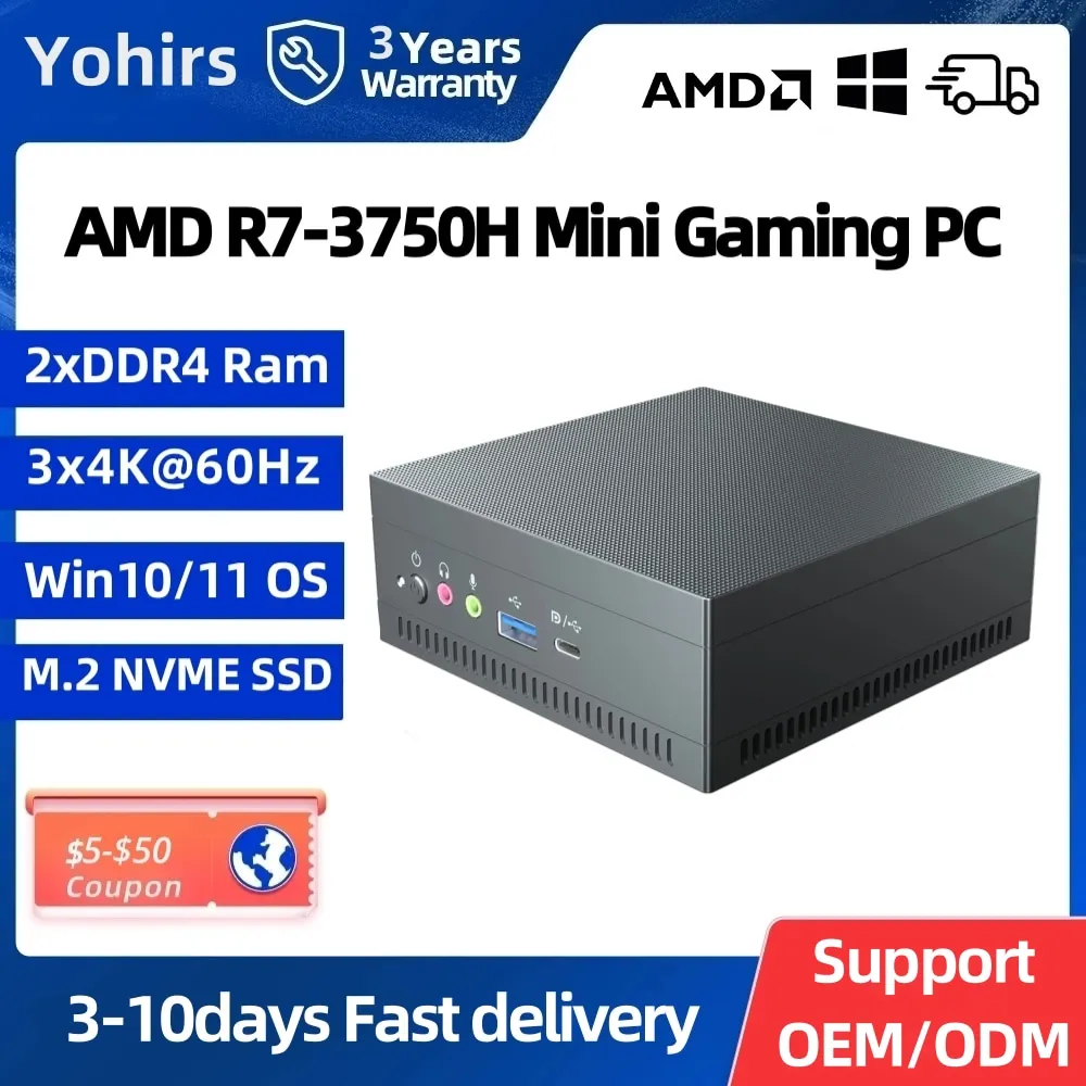 Mini PC AMD Ryzen7 3750H 2700U R3 Vega 8 Graphics Windows10 NVME SSD DP HDMI2.0 Type-C Support 4K HDR Desktop Gaming Computer