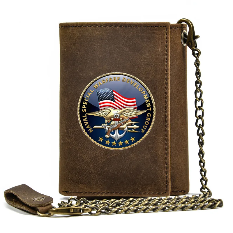 

High Quality Men Genuine Leather Wallet Anti Theft Hasp With Iron Chain Naval Special Warfare Development Group Short Purse