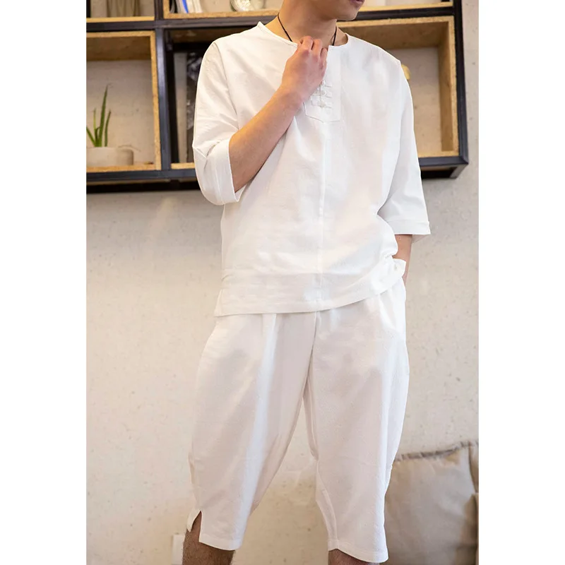 

Summer Cotton Linen Men Yoga Tai Chi Martial Arts Set Chinese Style Loose Sweatshirt+pant Casual Workout Outfit Set Sport Suit