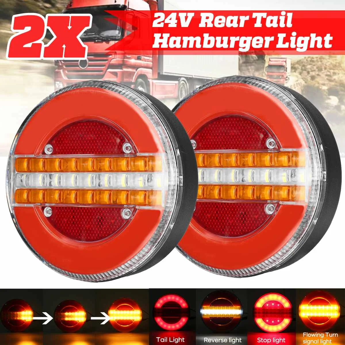 

2Pcs 24V Dynamic LED Trailer Truck Tail Light Brake Light DRL Flow Turn Signal Lamp Strobe Light for Car Boat Bus Van Caravan
