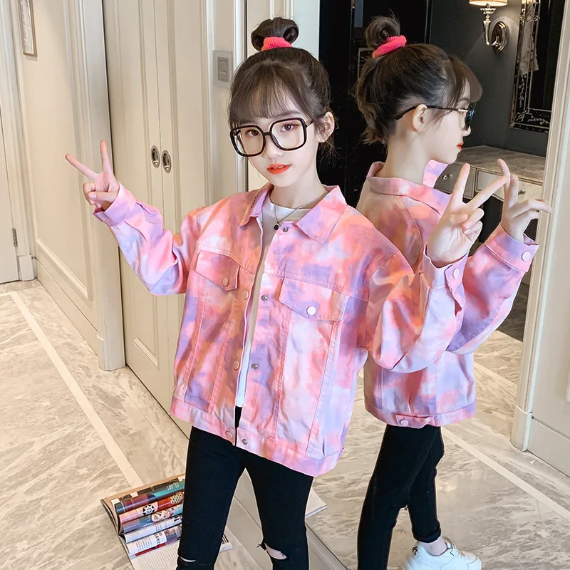 

Джинсовая куртка для девочек, модная верхняя одежда с принтом Tie Dye, пальто для подростков, весна-осень, детская одежда, подарок на день рожде...